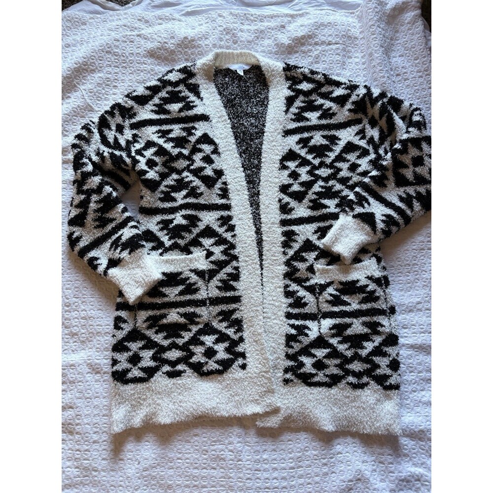 Time And Tru Black And White Fuzzy Long Sleeve Cardigan Women Medium